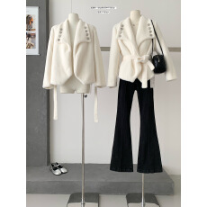 批发秋冬新款小香风大翻领细毛绒腰带收腰夹棉西装西服<b class='q'>外套</b>潮