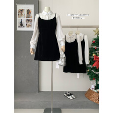 批发法式千金风复古黑色丝绒<b class='q'>吊带</b>连衣裙+长袖衬衫秋冬气质两件套装