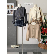 批发韩系学院风套装冬季2025新款格纹拼接针织开衫格子毛呢<b class='q'>短裙</b>两件套