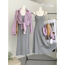 批发春季韩系薄款防晒衬衫波点吊带<b class='q'>长款</b><b class='q'>连衣裙</b>两件套装女