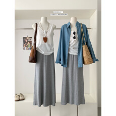 批发浅蓝色长袖<b class='q'>牛仔</b><b class='q'>衬衫</b>套装女春季长袖<b class='q'>衬衣</b>外套吊带半身裙时尚三件套