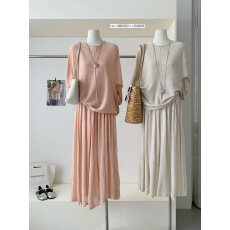 批发FUGUI RICH粉桃春织小个子上衣+半身裙套装女春季新款两件套