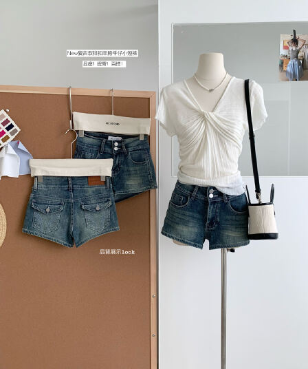 jmshop 핏 스타일 노크 좋은 ~ 중 vtg 센스 작은 반바지 하이웨이스트 이중 버튼 펭 넓적 다리 데님 반바지 레트로 핫 바지