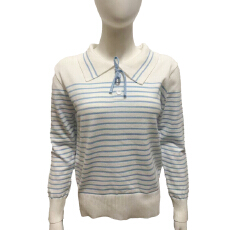 批发条纹美学 翻领撞色条纹蝴蝶结绑带毛衣女秋冬新款套头长袖针织衫