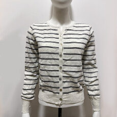 批发NEVENICO 香风条纹蕾丝袖针织衫女甜美少女风排扣