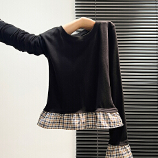 批发实价实拍#黑色格纹拼接花边假两件打底衫女内搭秋冬设计感长袖<b class='q'>t</b><b class='q'>恤</b>