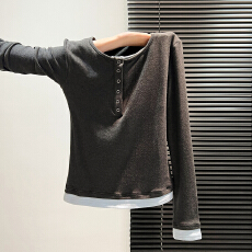 批发实价实拍#撞色假两件亨利领打底衫女内搭秋冬2025<b class='q'>新款</b>正肩长袖t恤