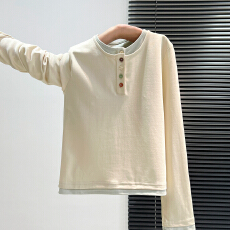 批发实价实拍#设计感亨利领长袖t恤女秋冬2025新款内搭拼接假两件上衣