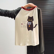 批发实价实拍#猫咪印花插肩长袖<b class='q'>t</b><b class='q'>恤</b>秋冬趣味可爱德绒打底衫撞色上衣女