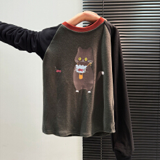 批发实价实拍#猫咪印花插肩长袖<b class='q'>t</b><b class='q'>恤</b>秋冬趣味可爱德绒打底衫撞色上衣女