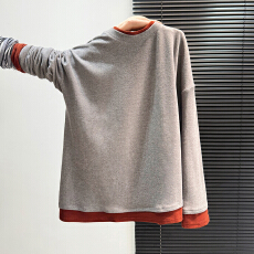 批发实拍实价#撞色假两件磨毛<b class='q'>长袖</b><b class='q'>t</b><b class='q'>恤</b>女秋冬打底衫内搭中长款上衣