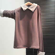 批发实拍实价#灰色Polo领加绒内搭打底衫2025新款设计感上衣撞色拼接