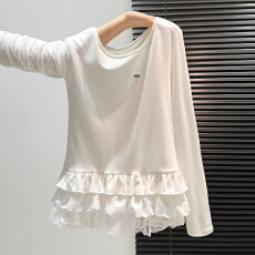 实拍实价#白色蝴蝶结系带半高领长袖t恤女秋季收腰内搭打底衫蕾丝