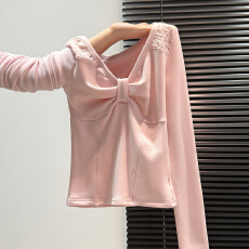 实拍实价#纯欲风性感蕾丝v领磨毛长袖t恤秋冬修身打底衫内搭收腰