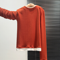 实拍实价#撞色假两件内搭可外穿打底衫2025新款圆领长袖t恤女磨毛