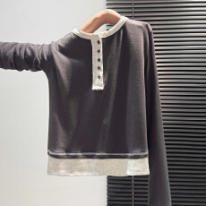 批发实拍实价#撞色拼接假两件羊绒内搭打底衫2025新款亨利领长袖<b class='q'>t</b><b class='q'>恤</b>女