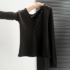 批发实拍实价#半开v领纽扣羊绒亨利领长袖t恤女2025年<b class='q'>秋</b>季高级感内搭