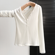 批发实拍实价#半开v领纽扣羊绒亨利领长袖t恤女2025年<b class='q'>秋</b>季高级感内搭