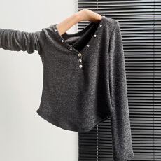 批发实拍实价#美式复古v领长袖t恤冬季设计感内搭打底衫辣妹气质修身