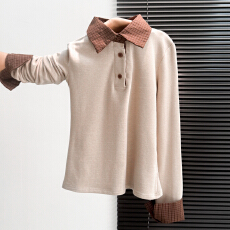 批发实拍实价#羊绒polo领格子拼接撞色长袖t恤上衣<b class='q'>秋</b>冬半纽扣修身内搭