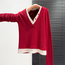 批发实价实拍#V领软糯羊绒假两件长袖t恤女款秋冬新年撞色内搭<b class='q'>打底衫</b>