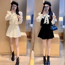 批发小个子名媛时尚气质小香风蝴蝶结<b class='q'>欧根纱</b>拼接<b class='q'>上衣</b>百褶裙减龄