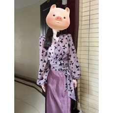 批发 法式气质印花蝴蝶绑带长袖上衣2025衬衫夏季套装高腰半身裙