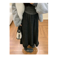 批发灰色毛呢半身<b class='q'>裙</b>女秋冬高腰a字<b class='q'>裙</b>加绒显瘦中长款<b class='q'>裙</b>木耳边