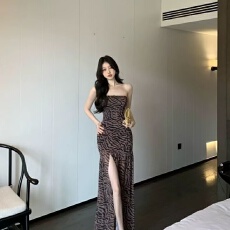 批发<b class='q'>欧美</b>性感辣妹抹胸豹纹夏季印花拼接开叉收腰紧身包臂裙