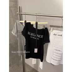 韩国东大门2026夏季新款时尚复古字母印花斜肩短袖T恤上衣