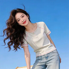 批发92棉8氨纶】设计感明显撞色线条正肩圆领短袖T恤女装夏季修身上衣