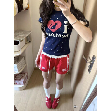 批发韩版纯棉正肩波点圆领印花短袖T恤