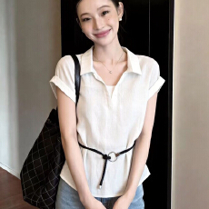 批发2026夏季新款<b class='q'>韩版</b>时尚百搭<b class='q'>衬衫</b>女设计感小众系带收腰短袖上衣爆款