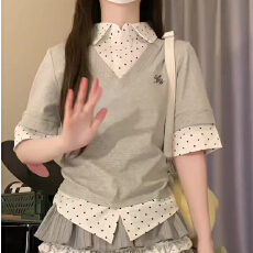 批发 绣花【40支奥代尔210克纯棉】波点撞色假两件短袖女