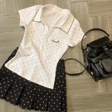 批发波点POLO衫撞色翻领学院风短袖t恤女夏季修身收腰独特超好好看