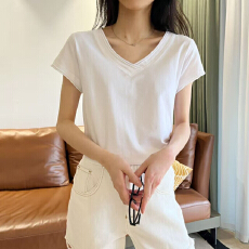 批发21支210g纯棉(100%棉）纯色短袖T恤女V领卷边