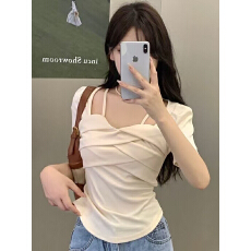 批发 260g 人棉2*2 设计感小众短袖T恤女修身吊带