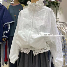 批发2026年新款翻领纯色拼接下摆松紧蕾丝花边薄款防晒衣<b class='q'>外套</b>