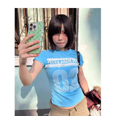 批发蝴蝶结复古蕾丝多巴胺蓝色辣妹正肩夏季美式新款修身显瘦短袖上衣