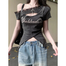 批发韩系设计感小众甜辣妹蕾丝边镂空做旧短袖T恤夏季字母印花上衣ins