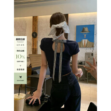 批发【人棉260克】蝴蝶结绑带正肩短袖<b class='q'>t</b><b class='q'>恤</b>女夏季镂空辣妹修身短款上衣