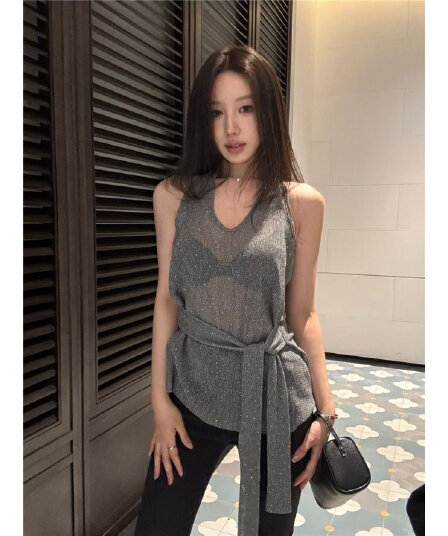 아메리칸 핫걸 바람 스팽글 패치워크 민소매 조끼 블라우스 여성 섹시함 시스루 몸매 가꾸기 스트랩 백리스 여름 맨위