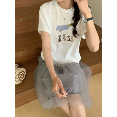批发韩系可爱下雨小狗印花短袖T恤白色宽松舒适透气圆领纯棉上衣