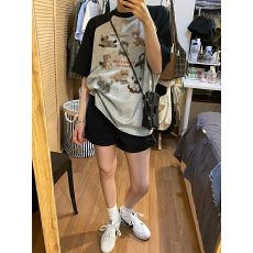 批发美式oversize大码插肩短袖t恤女夏季纯棉复古宽松情侣上衣ins国潮