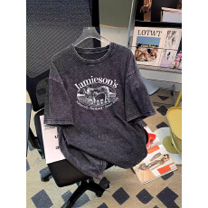 批发美式vintage小众设计感纯棉做旧短袖t恤女夏季欧货宽松胖妹mm上衣