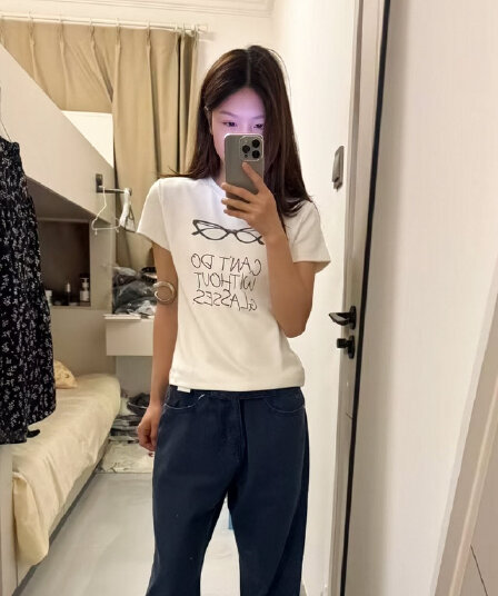 아메리칸 레트로 라운드 넥 긍정적 인 어깨 프린트 반팔 티셔츠