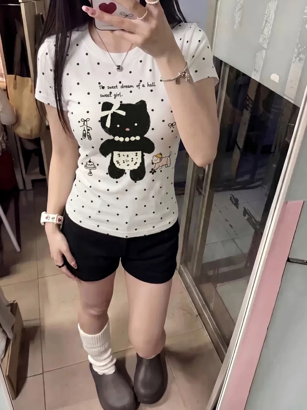 아메리칸 레트로 라운드 넥 도트 무늬 긍정적 인 어깨 프린트 반팔 티셔츠