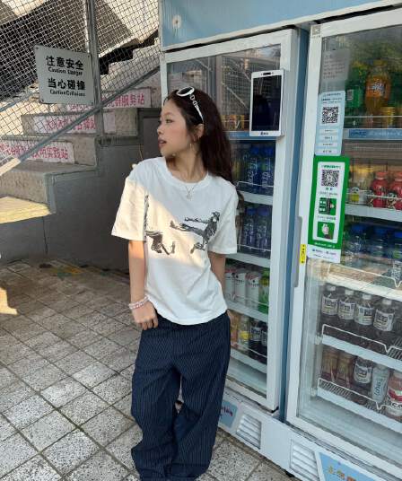 한국 chic 여름 순면 미니멀리즘 다용도 라운드 넥 반팔 프린트 티셔츠