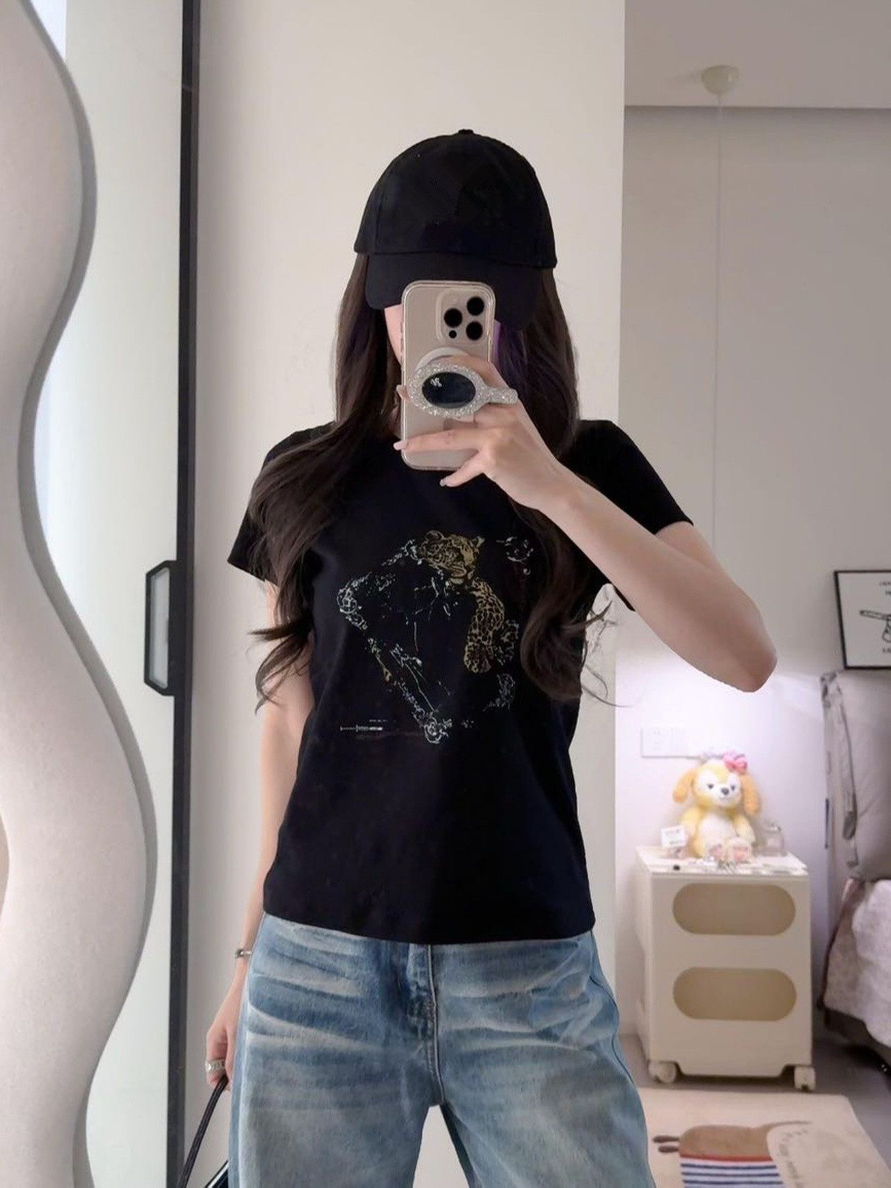 아메리칸 레트로 라운드 넥 긍정적 인 어깨 프린트 반팔 티셔츠