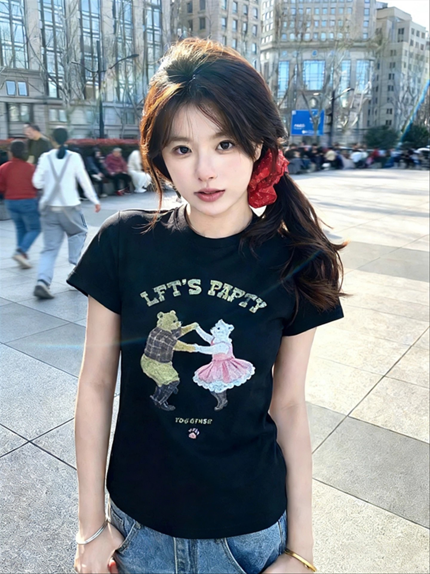 아메리칸 레트로 라운드 넥 긍정적 인 어깨 프린트 반팔 티셔츠